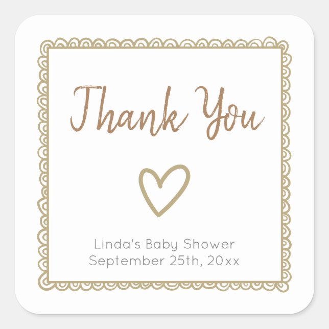Sticker Carré Merci de Baby shower de doodle de coeur jaune (Devant)