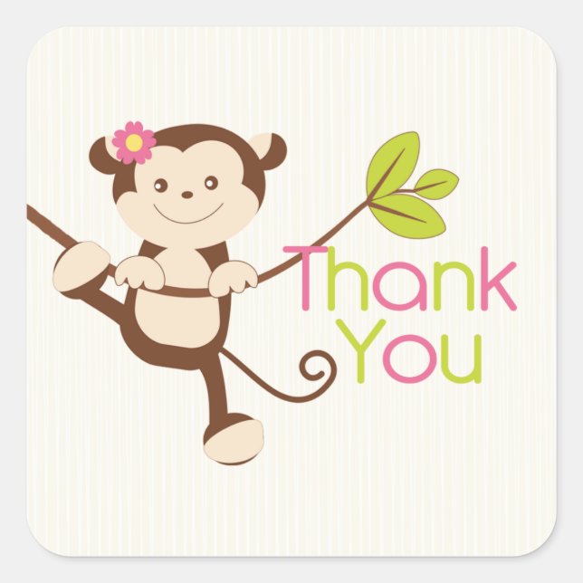 Sticker Carré Merci de Baby shower de fille singe (Devant)