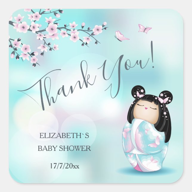 Sticker Carré Merci de Baby shower de poupées Kokeshi (Devant)