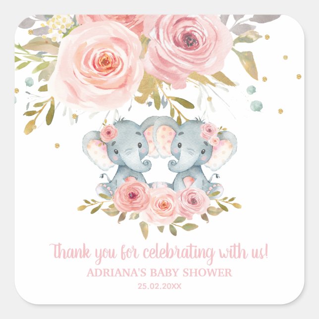 Sticker Carré Merci de Baby shower des jumeaux floraux roses (Devant)