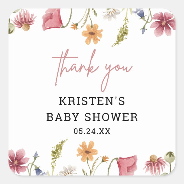 Sticker Carré Merci de Baby shower Fleur sauvage Spring Little (Devant)
