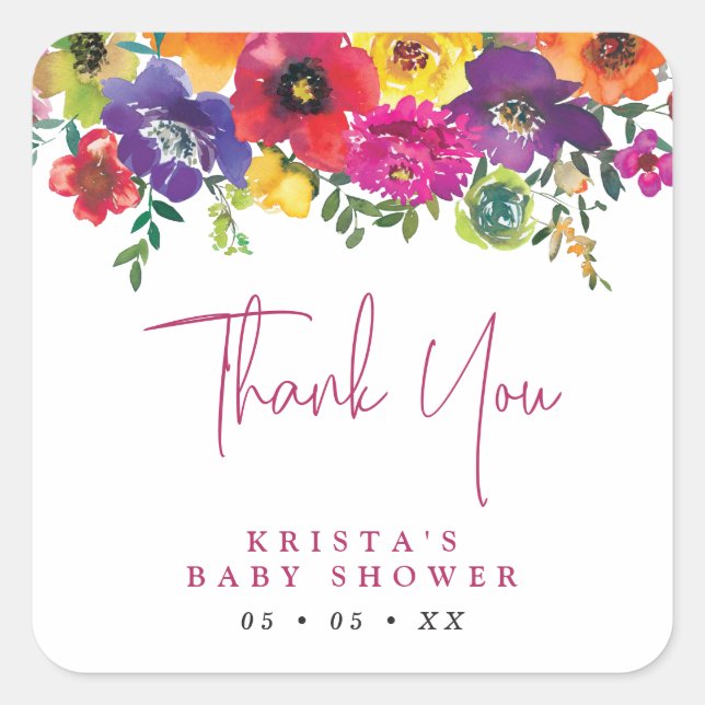 Sticker Carré Merci de Baby shower Fleurs Vibrantes (Devant)