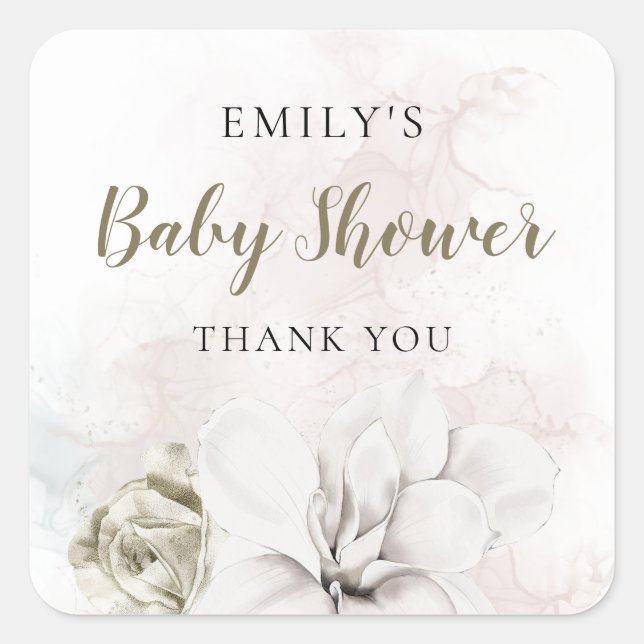 Sticker Carré Merci de Baby shower Floral blanc ou garçon (Devant)