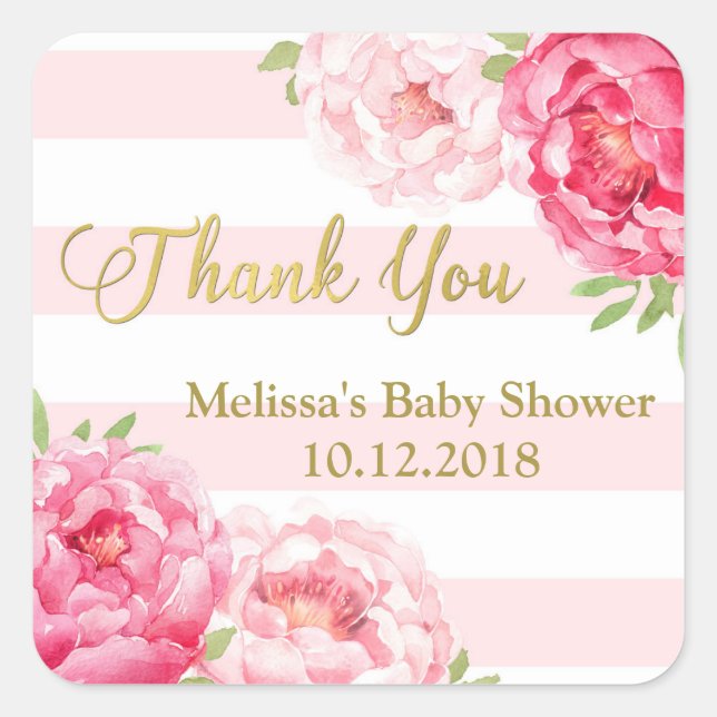 Sticker Carré Merci de Baby shower floral rose pâle (Devant)