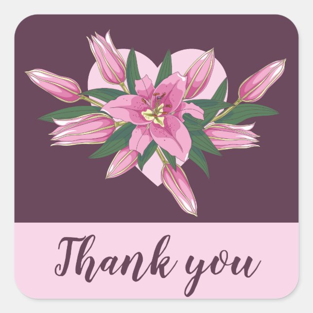 Sticker Carré Merci de Baby shower Lily à floraison violette (Devant)