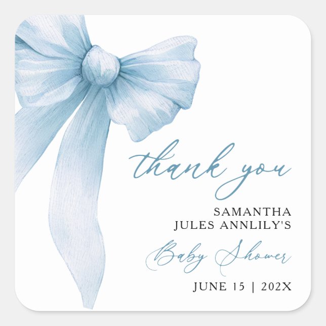 Sticker Carré Merci de Baby shower moderne Blue Bow (Devant)