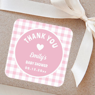 Sticker Carré Merci de Baby shower moderne simple rose En vichy