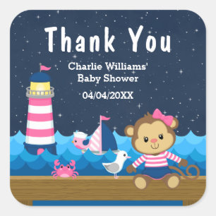Sticker Carré Merci de Baby shower rose singe Nautique