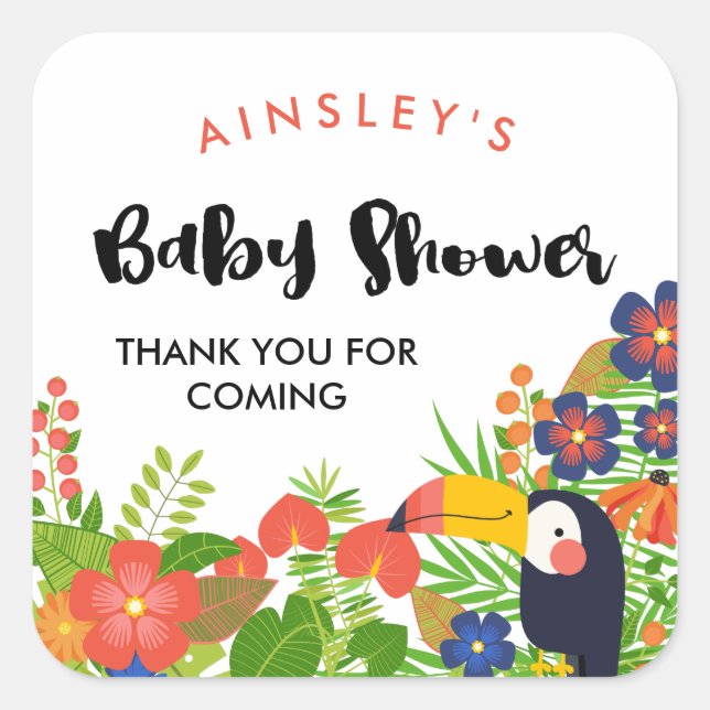 Sticker Carré Merci de Baby shower tropical du Toucan (Devant)