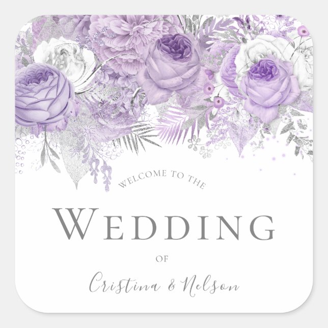 Sticker Carré Merci de bienvenue du Mariage de fleurs violettes (Devant)