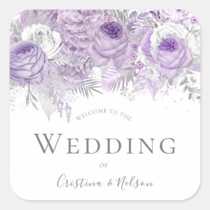 Sticker Carré Merci de bienvenue du Mariage de fleurs violettes