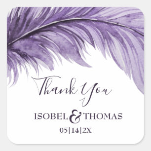 Sticker Carré Merci de mariage élégant en plume de Boho violet