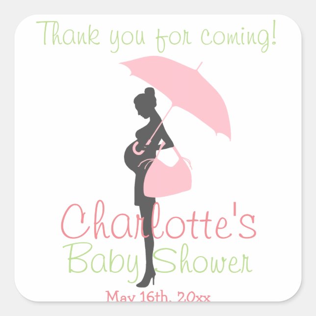 Sticker Carré Merci D'Être Venu ! Baby shower en silhouette rose (Devant)