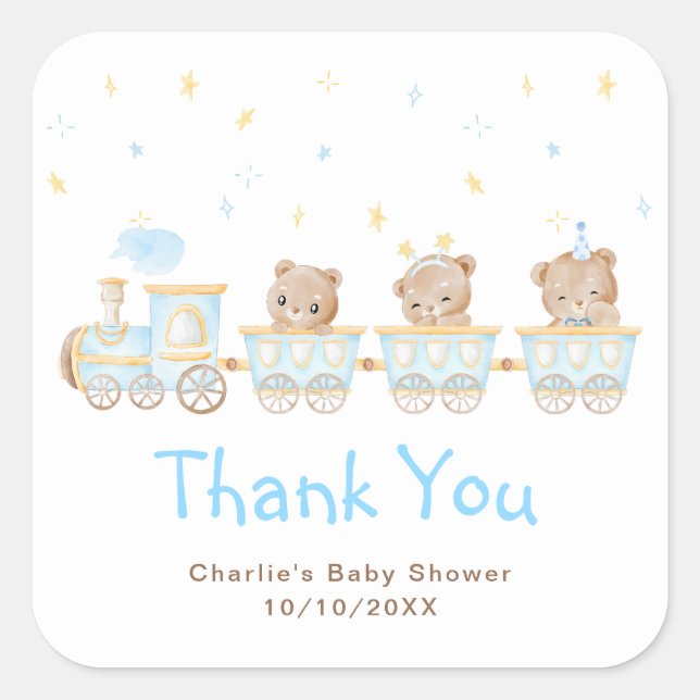 Sticker Carré Merci du Baby shower du train Bear Blue (Devant)