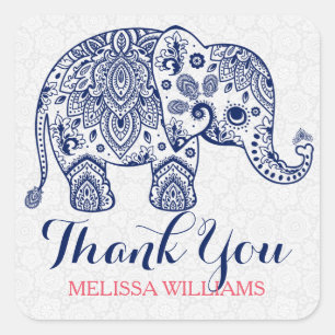 Sticker Carré Merci éléphant bleu marine Paisley