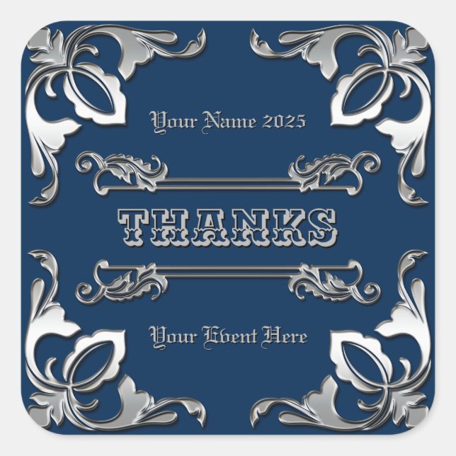 Sticker Carré Merci Favor Classic Livre Couverture Argent Orname (Devant)