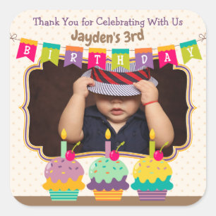 Sticker Carré Merci Favoriser Joyeux Anniversaire Cupcakes Bunti