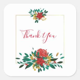Sticker Carré Merci floral moderne rouge vert et or Noël