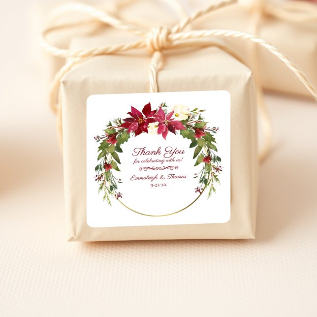 Sticker Carré Merci floral rouge écarlate Poinsettia Favoriser (Créateur téléchargé)