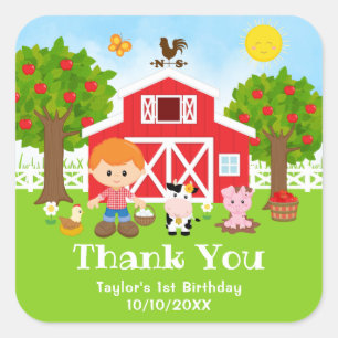 Sticker Carré Merci garçon aux cheveux rouges anniversaire rouge