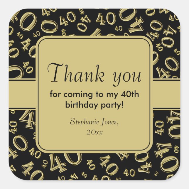 Sticker Carré Merci : Gold et Black 40th Number Motif (Devant)