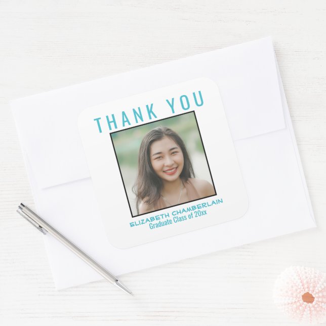 Sticker Carré Merci Graduation Black Pastel Blue Nom personnalis (Enveloppe)