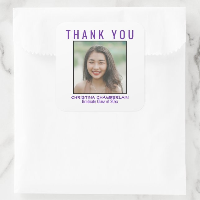 Sticker Carré Merci Graduation Purple Black Photo personnalisée (Sac)