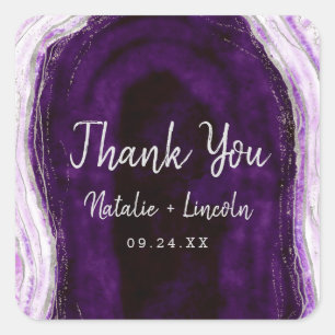 Sticker Carré Merci Mariage Amethyst Purple & Silver Geode