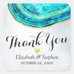 Sticker Carré Merci mariage Aquarelle Turquoise Gold Agate Géode