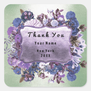 Sticker Carré Merci Mariage cadre Rose Floral Mint pourpre