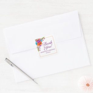 Sticker Carré Merci Mariage d'aquarelle violet orange