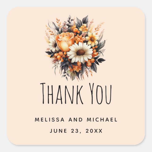 Sticker Carré Merci Mariage de bouquet Floral gris orange (Devant)