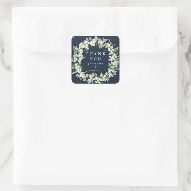 Sticker Carré Merci Mariage de la marine Snowberry+Eucalyptus (Sac)