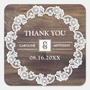 Sticker Carré Merci. Mariage en bois de dentelle blanche