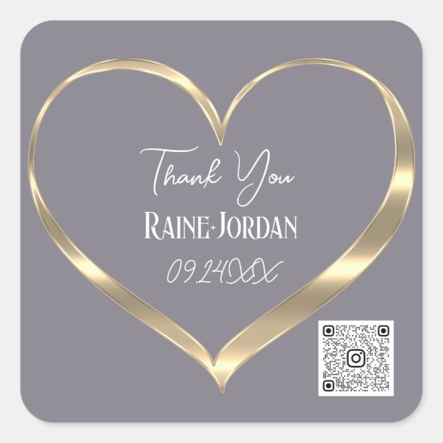 Sticker Carré Merci Mariage Favor QR CODE Grey Gold Heart (Devant)