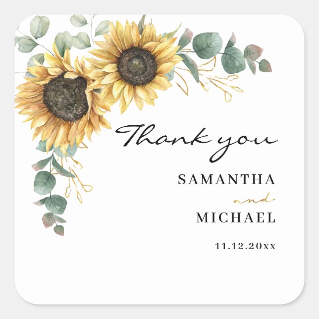 Sticker Carré Merci Mariage floral de tournesol (Devant)