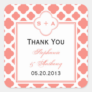 Sticker Carré Merci Mariage Motif Coral rose Quatrefoil