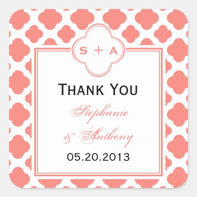 Sticker Carré Merci Mariage Motif Coral rose Quatrefoil (Devant)