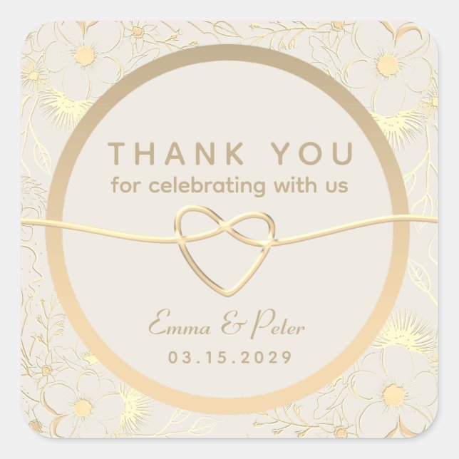 Sticker Carré Merci Mariage or Floral (Devant)