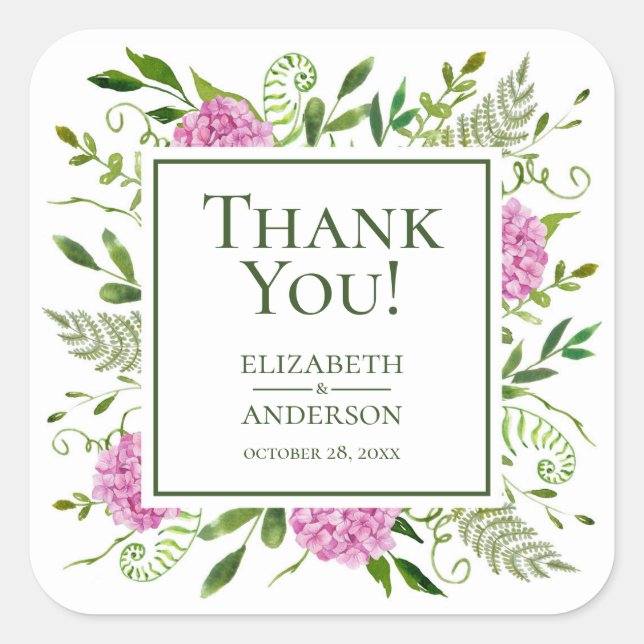 Sticker Carré Merci Mariage rose Hydrangea (Devant)