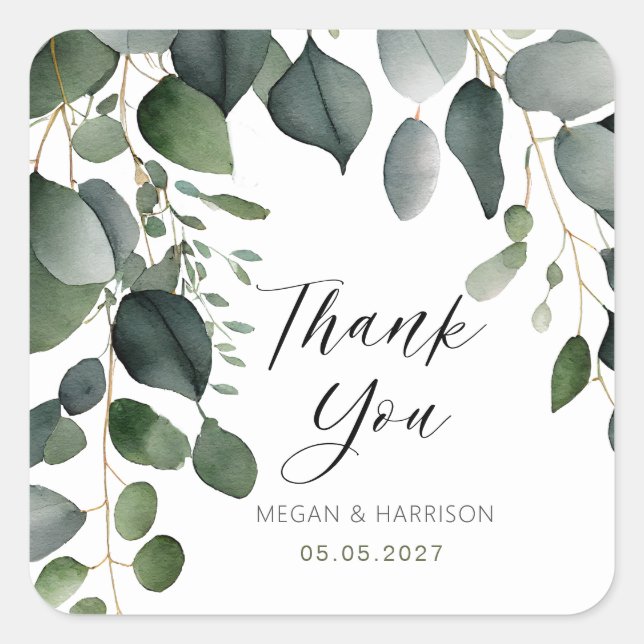 Sticker Carré Merci Mariage verdoyant et eucalyptus (Devant)