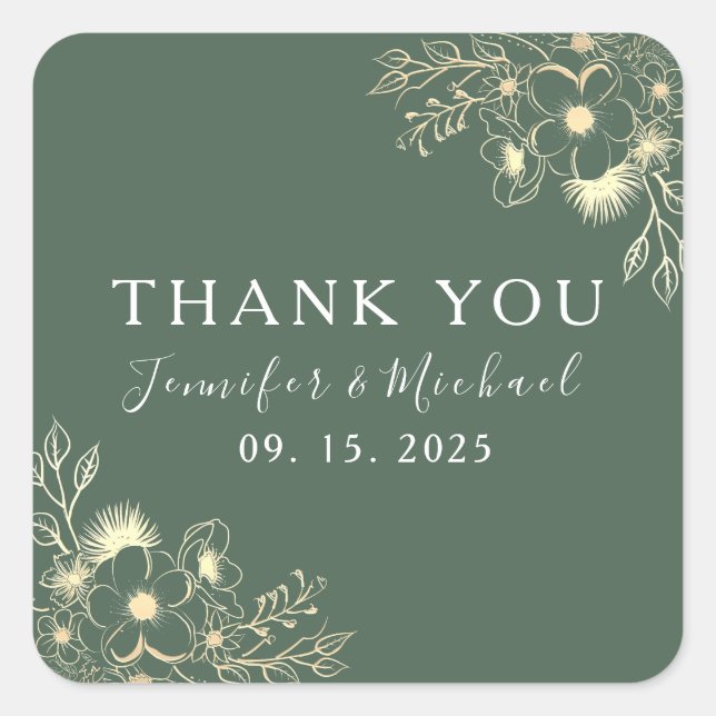 Sticker Carré Merci Mariage vert Boho (Devant)