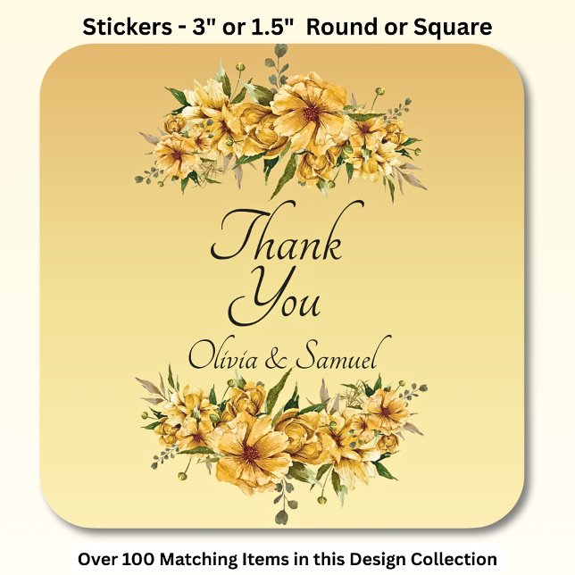 Sticker Carré Merci Mariée, Groom Noms Fleurs Jaunes D'Or (Créateur téléchargé)