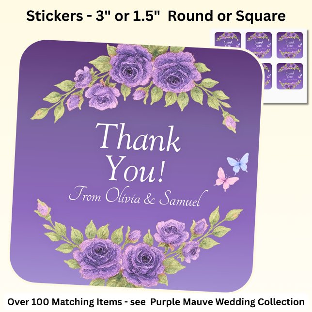 Sticker Carré Merci! Mariée, Noms des Mariés Fleurs Mauve Violet (Créateur téléchargé)