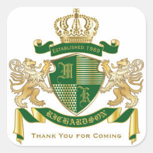 Sticker Carré Merci Monogramme Armoiries Lion d'or vert