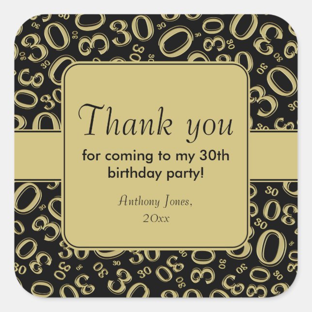 Sticker Carré Merci : Motif Gold/Black 30th Birthday (Devant)