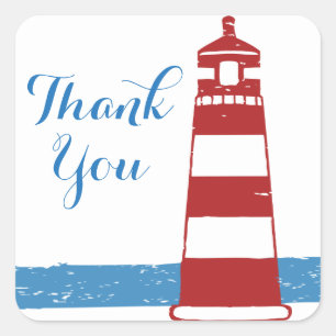 Sticker Carré Merci nautique Phare rouge Océan bleu