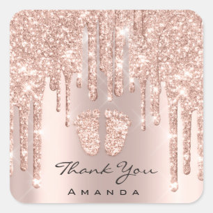 Sticker Carré Merci Nom Baby shower Rose Gold Spark Glam