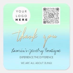 Sticker Carré Merci Nom de l'entreprise Logo Qr Shop Blue Mint G