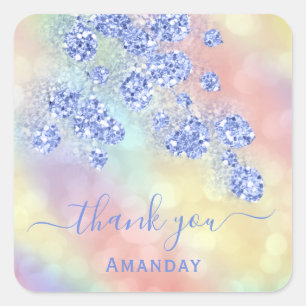 Sticker Carré Merci Nom  Holographique Fleur Glitter Bleu Poussi
